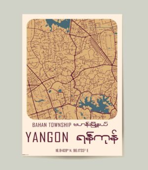 Bahan map A3-01 Myanmar Yangon Poster showing Bahan Township yangon myanmar in a modern style