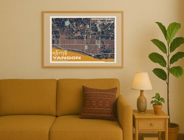 Downtown Yangon township map on wall framed Design poster map of downtown township in Yangon, Myanmar hanging on wall framed