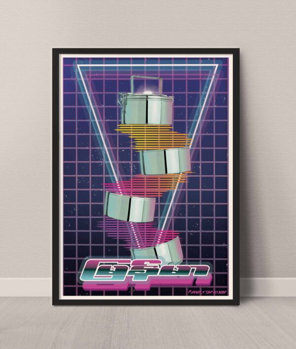 Thaminbu in frame a3 design poster of close up view of myanmar rice lunchbox in Yangon in frame in vapourwave style