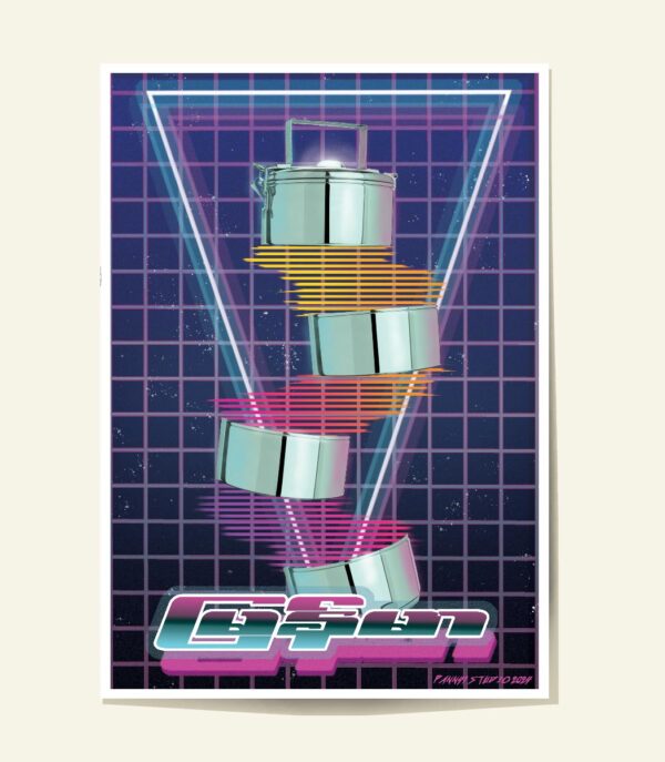 Vapourwave Thaminbu-01 Poster showing rice box lunch box tiffin yangon myanmar in a vapourwave style