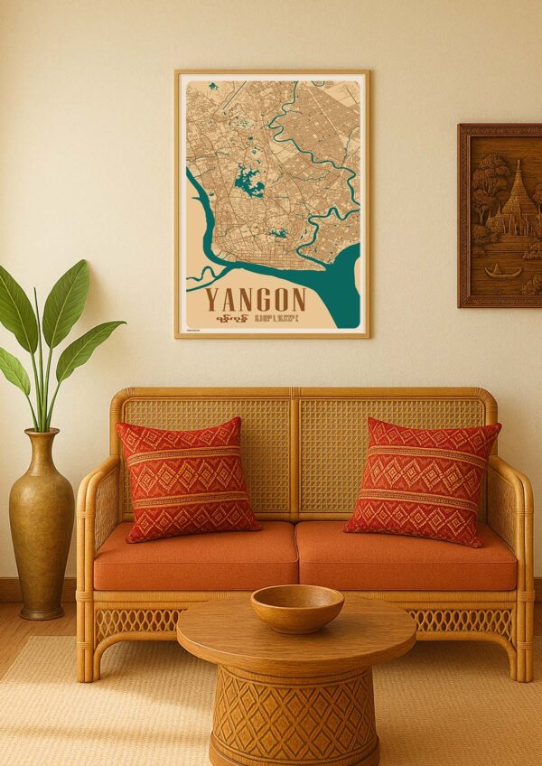 Yangon city map 2024 in room on wall a3 Design poster of Myanmar Yangon city map hanging on wall in room