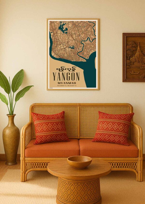 Yangon city map 2024 zoomed in room on wall a3 Design poster of yangon city map in a zoomed view hanging on wall in room