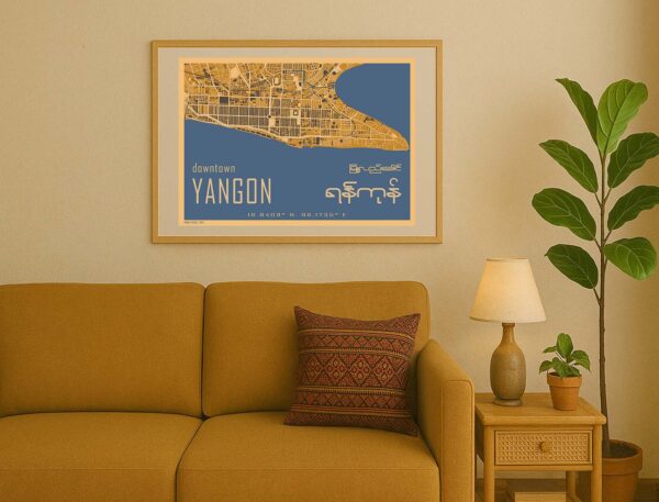 Yangon downtown map 2024 in room on wall a3 Design map of Downtown Yangon, Myanmar hanging on wall in room