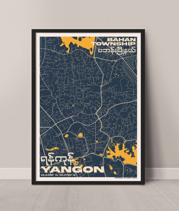 Yangon map 2025 in frame a3 design poster of close up view of Bahan township map yangon myanmar in frame