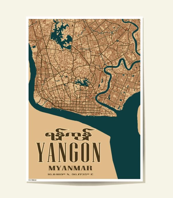 Yangon zoomed-01 Poster showing Yangon city map close up yangon myanmar in a modern style