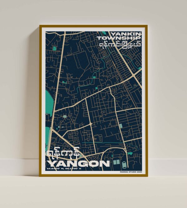 Yankin map 2025 in frame a3 design poster of close up view of Yankin township map yangon myanmar in frame