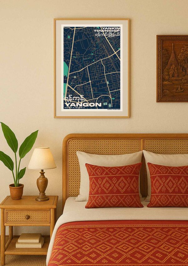 Yankin map 2025 in room on wall a3 Design map of Yankin township in Yangon Myanmar hanging on wall in room