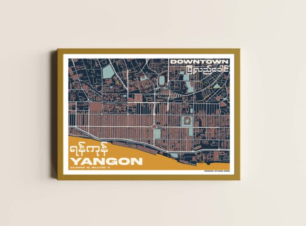 downtown map in frame 2025 a3 design poster of close up view of downtown township map yangon myanmar in frame