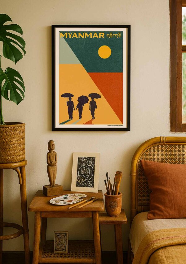 Poster of minimalist myanmar shadows hanging on the wall framed