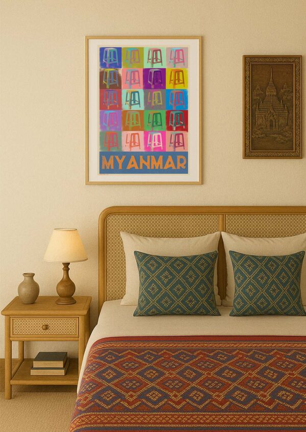 Pop art plastic stools Myanmar poster hanging on wall framed Poster of Myanmar plastic stools hanging on the wall framed