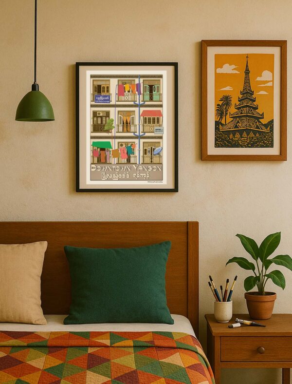 Downtown Yangon in room Downtown Yangon poster displayed in a frame within a Myanmar-inspired interior featuring urban and traditional design elements.