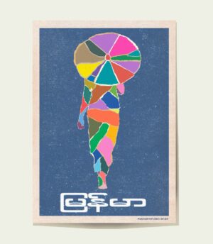 Torn Paper – Bright Palette poster featuring a woman with an umbrella created from colourful torn-paper collage elements inspired by Myanmar life.