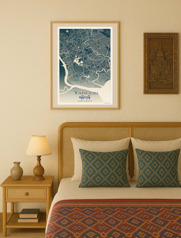 Yangon minimal map in room Yangon City Map poster displayed in a frame within a Myanmar-inspired room featuring contemporary local design elements.
