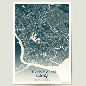 Minimalist Yangon City Map poster featuring a clean map of Yangon, Myanmar, with GPS coordinates and Burmese text reading “Yangon”.