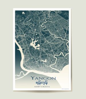 Yangon city map white-01 Minimalist Yangon City Map poster featuring a clean map of Yangon, Myanmar, with GPS coordinates and Burmese text reading “Yangon”.