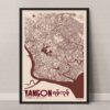 Framed Yangon Retro City Map poster featuring a vintage-style map of Yangon, Myanmar, with GPS coordinates and Burmese text.