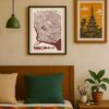Yangon Retro City Map poster displayed in a frame within a Myanmar-inspired interior featuring traditional décor and warm tones.