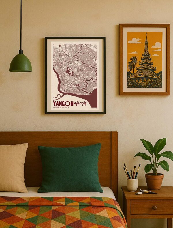 Yangon Retro City Map poster displayed in a frame within a Myanmar-inspired interior featuring traditional décor and warm tones.