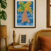 Walking Padauk poster displayed in a frame within a Myanmar-inspired interior celebrating traditional colours and floral motifs.